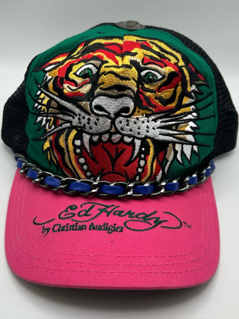 Ed Hardy Tiger Trucker Hat Pink Green Black Adjustable Mesh Back Chain Rope